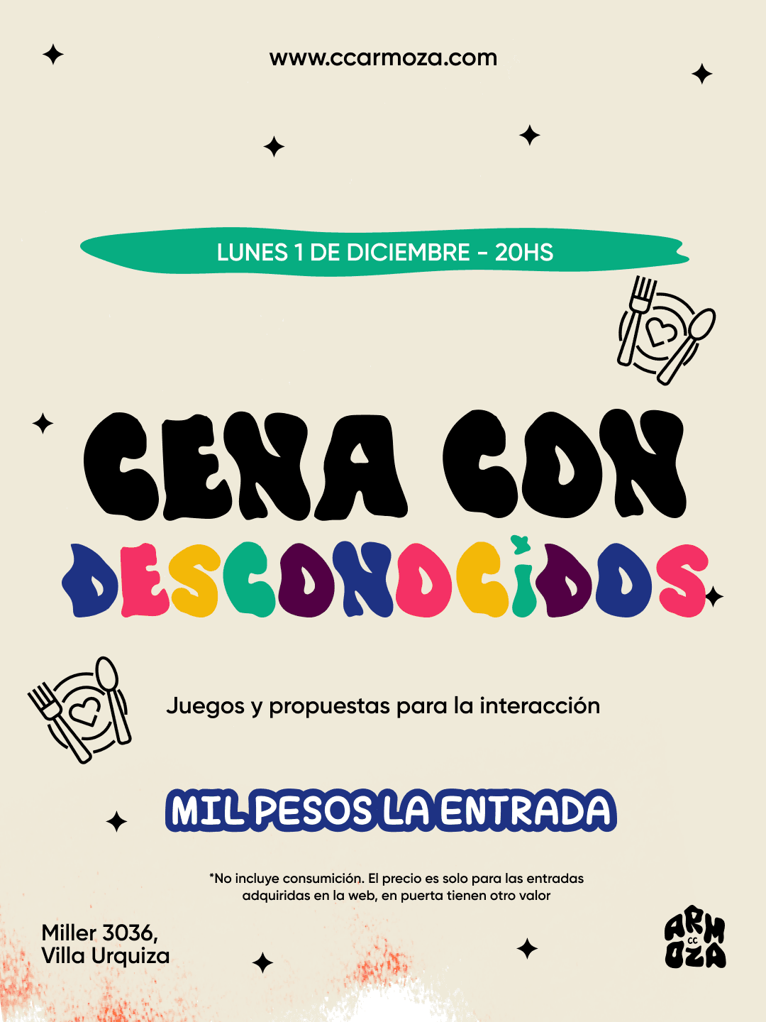 Cena con desconocidos: A MIL PESOS LA ENTRADA!